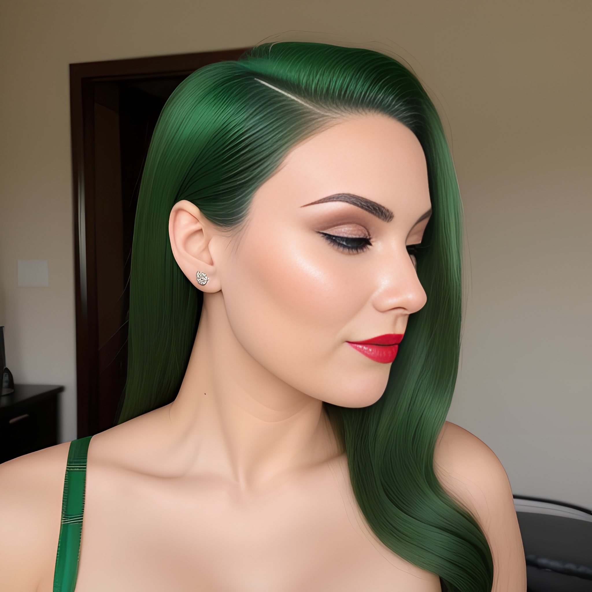 green hair lingerie model