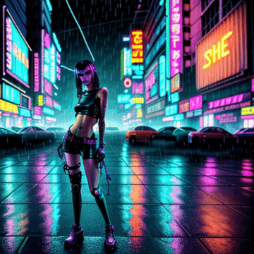 Cyberpunk Girl Under Neon Lights in the Rain