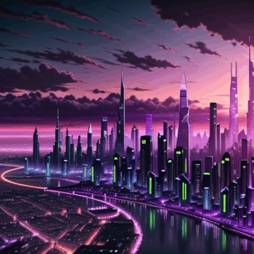 Futuristic City Skyline Glowing Under Purple Sunset