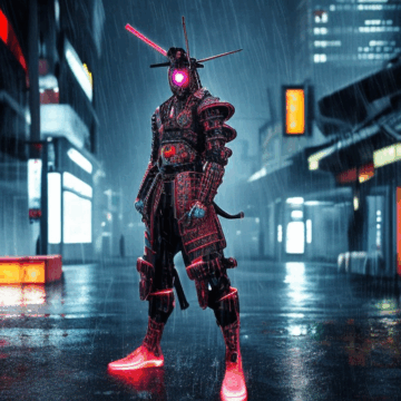 Futuristic Cyber Samurai Standing in the Rain