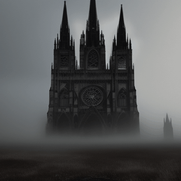 Gothic Cathedral at Twilight: Mystical Crows and Mist