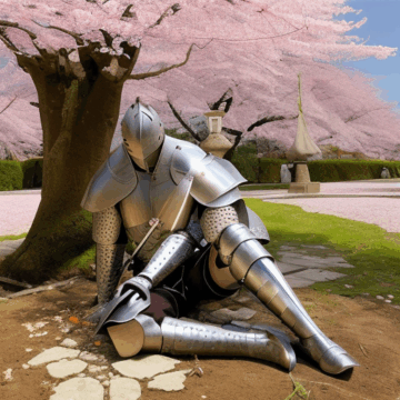 A Knight in Cracked Armor Beneath Cherry Blossoms