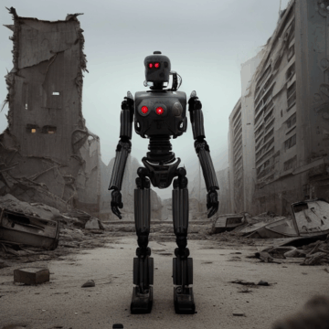 Futuristic Sci-Fi Robot in a Ruined City Landscape