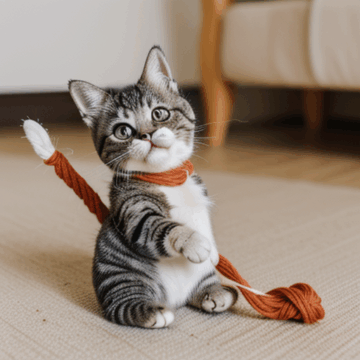 Adorable Cat Playfully Tangling with Colorful Yarn