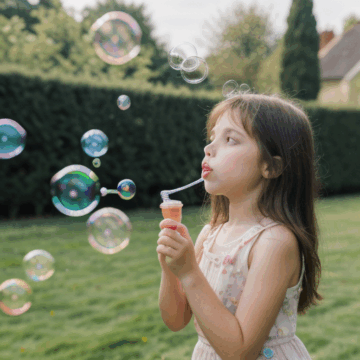 Joyful Girl Blowing Bubbles in Sunny Garden Bliss
