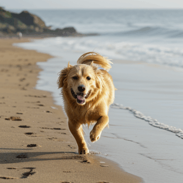 Golden Retriever Joyfully Running on Sunny Beach