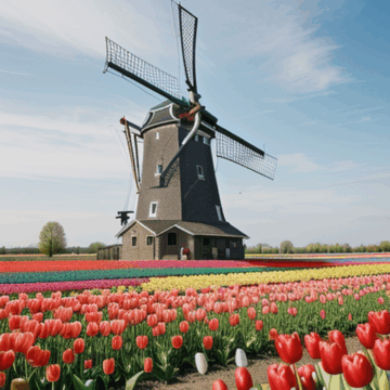Explore Traditional Windmills in Vibrant Tulip Fields