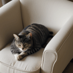 An adorable cat curled up on a cozy armchair, basking in comfort.