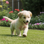 An adorable dog frolicking in a lush garden, with its tail wagging and ears flopping, enjoying the sunny day.