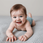 An adorable infant smiling while crawling on a cozy blanket.