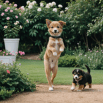 A cute puppy joyfully playing in a lush garden, surrounded by vibrant flowers and greenery.