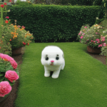 An adorable puppy joyfully frolicking among colorful garden flowers.