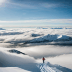 An alpine mountain view with snow-capped peaks piercing through the cloud layer, presenting a stunning natural landscape.