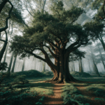 Ancient trees in a magical forest, their twisted branches reaching towards the sky, creating a mystical atmosphere.