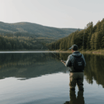 An angler standing by the lake, fishing amidst a serene natural backdrop.