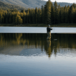 An angler appreciating nature while fishing at a serene lake.