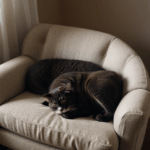 A content cat blissfully asleep on an inviting armchair, epitomizing cozy rest.