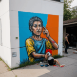 An urban canvas adorned with a vivid mural by a skilled street artist.
