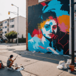 An artist in action, passionately painting a mural, transforming a city space into a visual masterpiece.