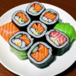 An artistic arrangement of sushi rolls, each bursting with color and flavor, representing the uniqueness of Japanese culinary art.