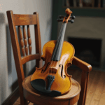 An evocative image of a violin on a wooden chair, inspiring musical passion.