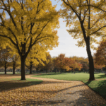A city park blanketed with vibrant autumn leaves, showcasing the beauty of fall colors in an urban setting.