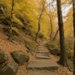 An autumn forest path with colorful leaves and serene surroundings, ideal for nature walks.