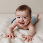 A baby on an adventurous crawl across a soft blanket.