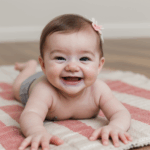 A baby's joyful moment captured while crawling on a blanket.