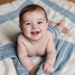A baby experiencing joy while crawling on a soft blanket.