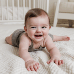 A joyful baby on a cozy blanket, exploring with a smile.