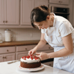A baker drawing inspiration from various sources for cake designs.