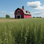 Barn nestled in a tranquil country landscape with fields.