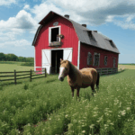 A pastoral setting with a barn and open fields.