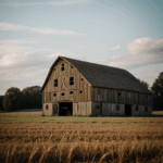 A charming barn surrounded by lush, green fields under a clear blue sky.