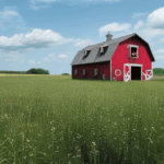 Barn surrounded by fields, offering a serene rural view.