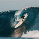 An impressive display of surfing skills on a giant wave, illustrating the art of wave riding.