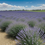 A picturesque blue sky enhances the vibrant colors of a sprawling lavender field.