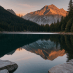 A breathtaking morning view of a mountain lake at sunrise, with calm waters and a colorful sky showcasing the beauty of nature's tranquility.