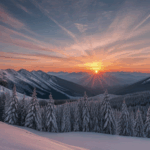 A breathtaking sunset over mountains with vivid hues in the sky, showcasing the beauty of nature.
