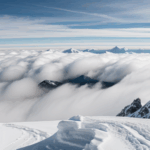 An awe-inspiring view of a snow-capped mountain peak towering above a sea of clouds, reflecting untamed beauty.