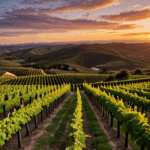 A vineyard landscape basking in the warm glow of a breathtaking sunset, capturing the essence of nature's beauty.