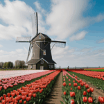 Breathtaking view of a traditional windmill surrounded by vibrant tulip fields, capturing the essence of Dutch scenic beauty.
