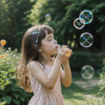 A playful girl blowing bubbles in the garden, with the sun creating a magical, joyous ambiance.
