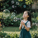 Bubbles floating through a bright, sunlit garden, creating a whimsical and playful atmosphere on a sunny day.