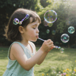 A playful scene of a girl blowing bubbles in a garden, with sunlight streaming through the trees, highlighting carefree joy.