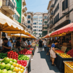Bustling food market with vibrant displays of colorful fruits, creating a lively shopping experience.