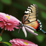 A butterfly and pink blossom create a picturesque scene, exemplifying the wonder of natural habitats.