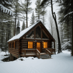 Cabin nestled in forest, providing a cozy escape amidst snowy trees.