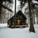 A charming cabin retreat amidst a snow-covered winter forest.